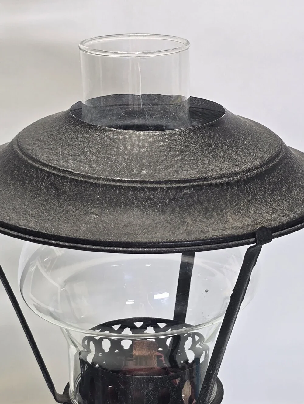 Vintage Amber Glass Hurricane Oil Lamp Metal Shade Pedestal Scalloped Chimney